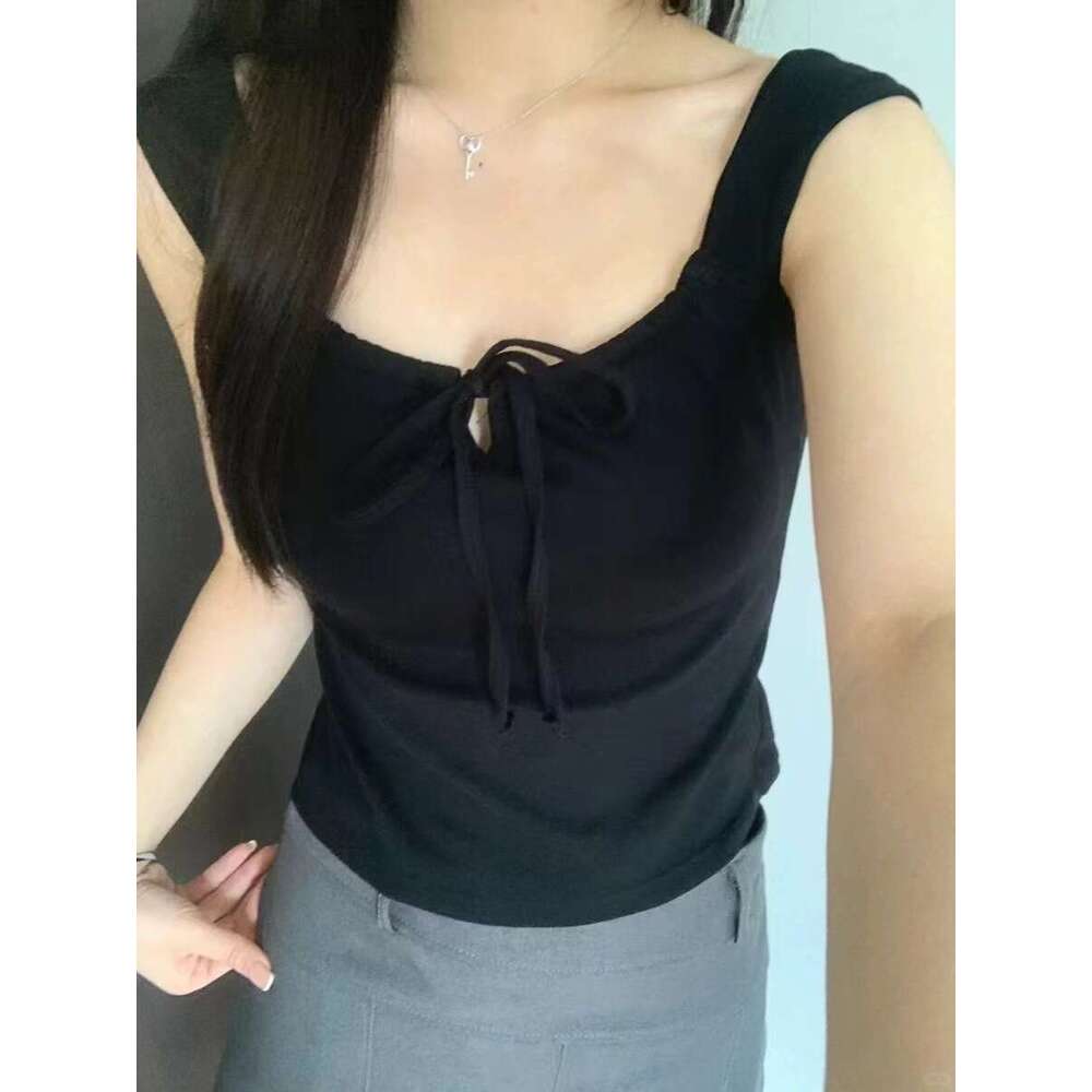 Designer T Shirt New Style Padded Square Neck Vest With Straps Slim Fit Summer Outerwear Versatile Girl Bow Wide Shoulder Strap