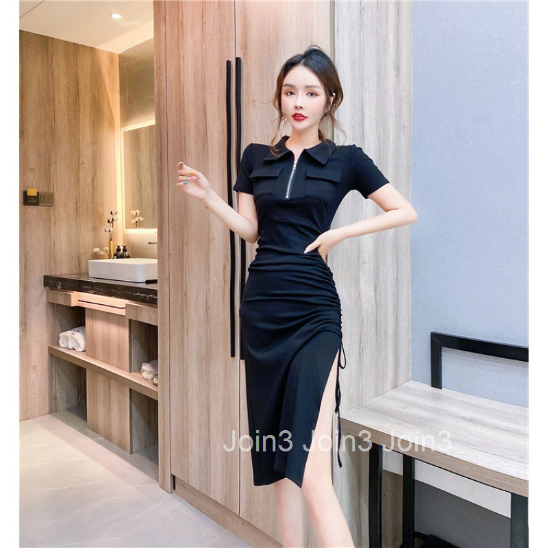 Womens Summer New Fashion Socialite Turn-Down Collar Knitted Stretch Slit Bodycon Short Sleeve Dress Mid-Length