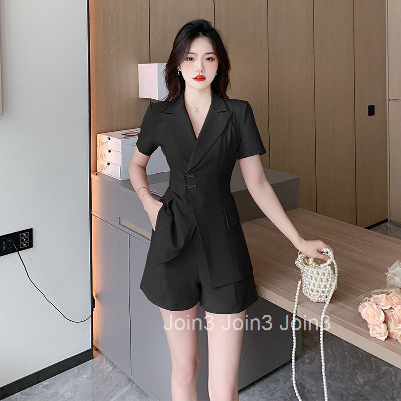 Summer New Style Elegant Slim Fit Plus Size Short Sleeve Blazer Top and Shorts Two-Piece Set for Women