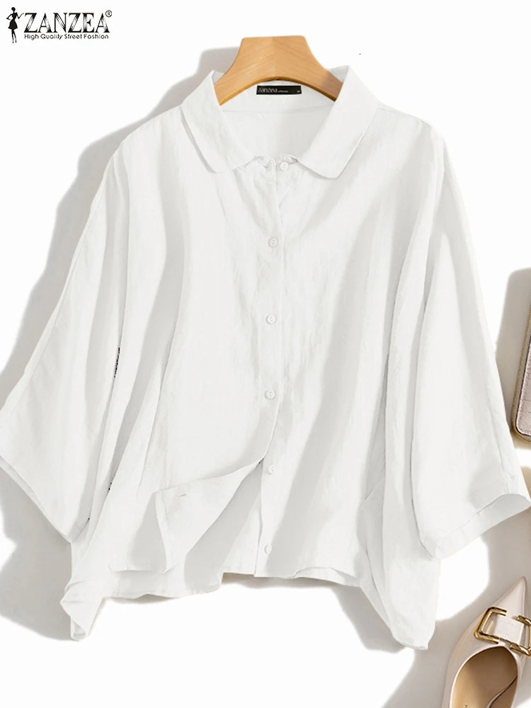 3ZNEA Summer Fashion Lapel Neck Shirt Women Elegant 34 Sleeve Blouse Work Buttons Down Tops Tunic Female Casual Loose Blusas 250729