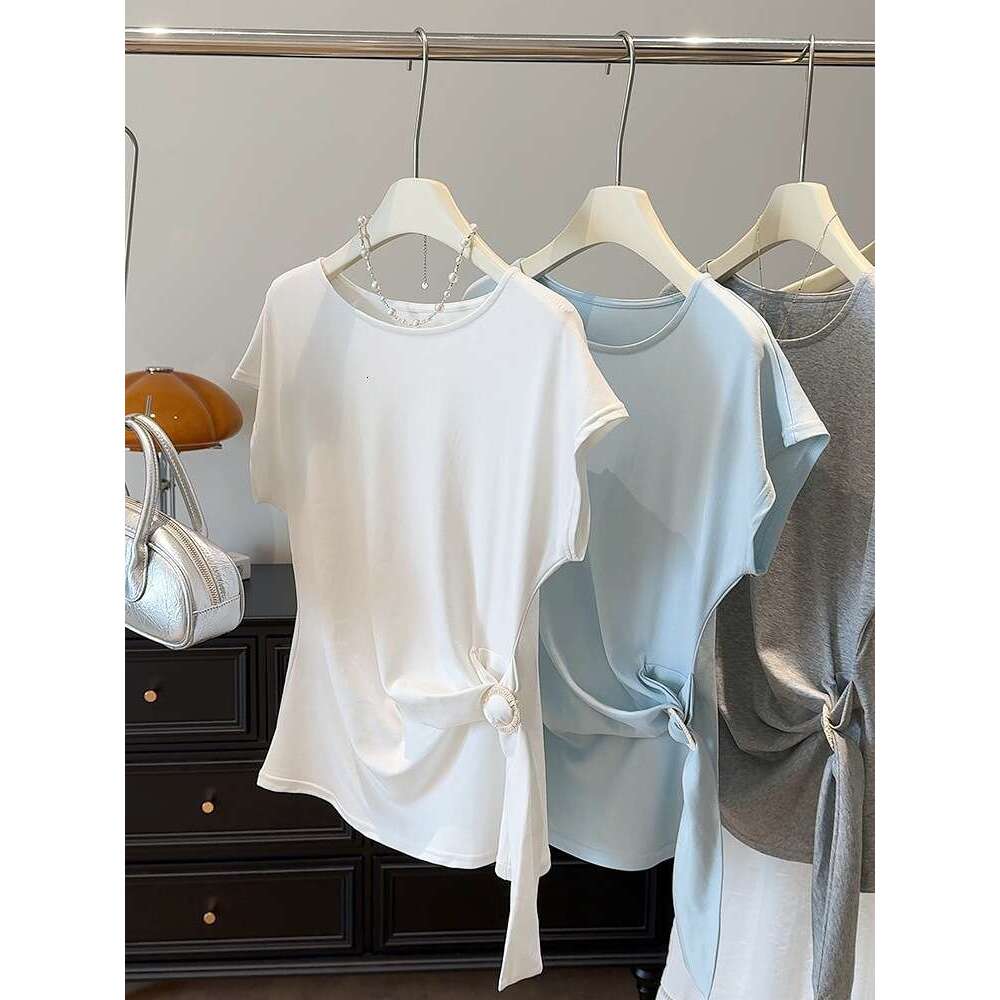 sxzy Round Neck Short T-Shirt for Women Summer 2025 New Slim Fit Waist-Cinching Slimming Irregular Design Flutter Sleeve Top