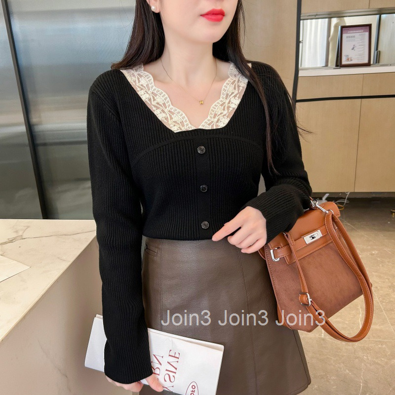 Winter Spring New Lace Patchwork V-Neck Ribbed Slim Pullover Knitted Sweater Womens Short Top