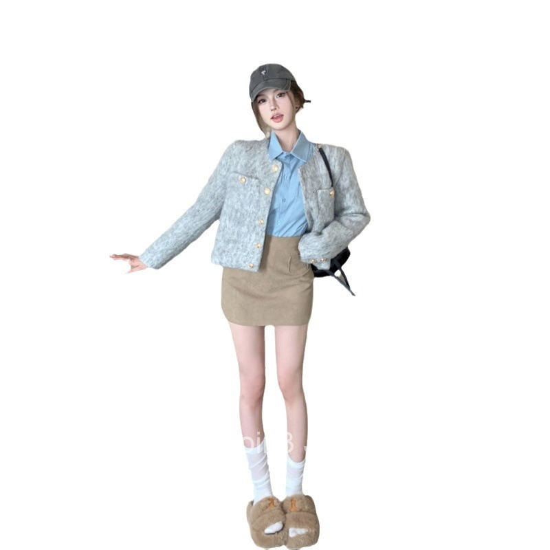 Autumn Winter New French Style Simple Round Neck Single-Breasted Long Sleeve Quilted Woolen Short Coat for Women