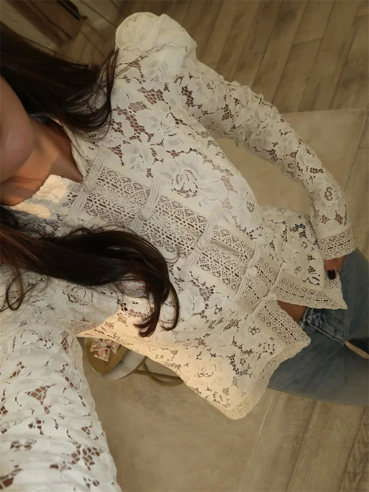 Tossy Summer Lace Printed Shirts Tops Female Hollow Out Fashion Commute Vintage SeeThrough Blouse Womens Shrug 250729