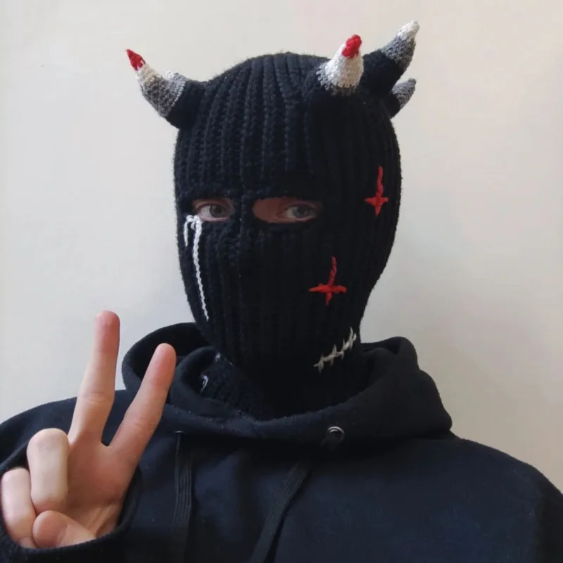 Funny Horns Knitted Hat Cosplay Halloween Masquerade Beanies Warm Full Face Cover Ski Mask Hat Windproof Helmet Trick Scare Prop 250724