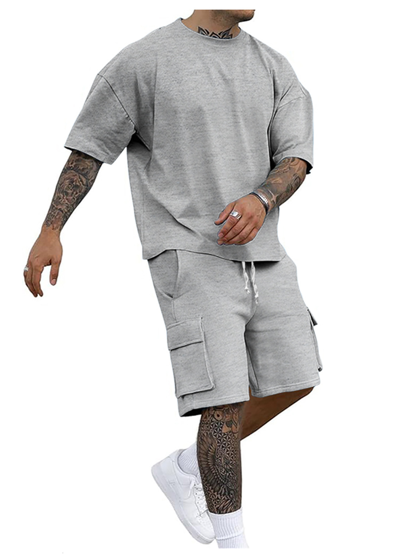 Mens summer loose fashion casual sports mens T-shirt short sleeved shorts two-piece set