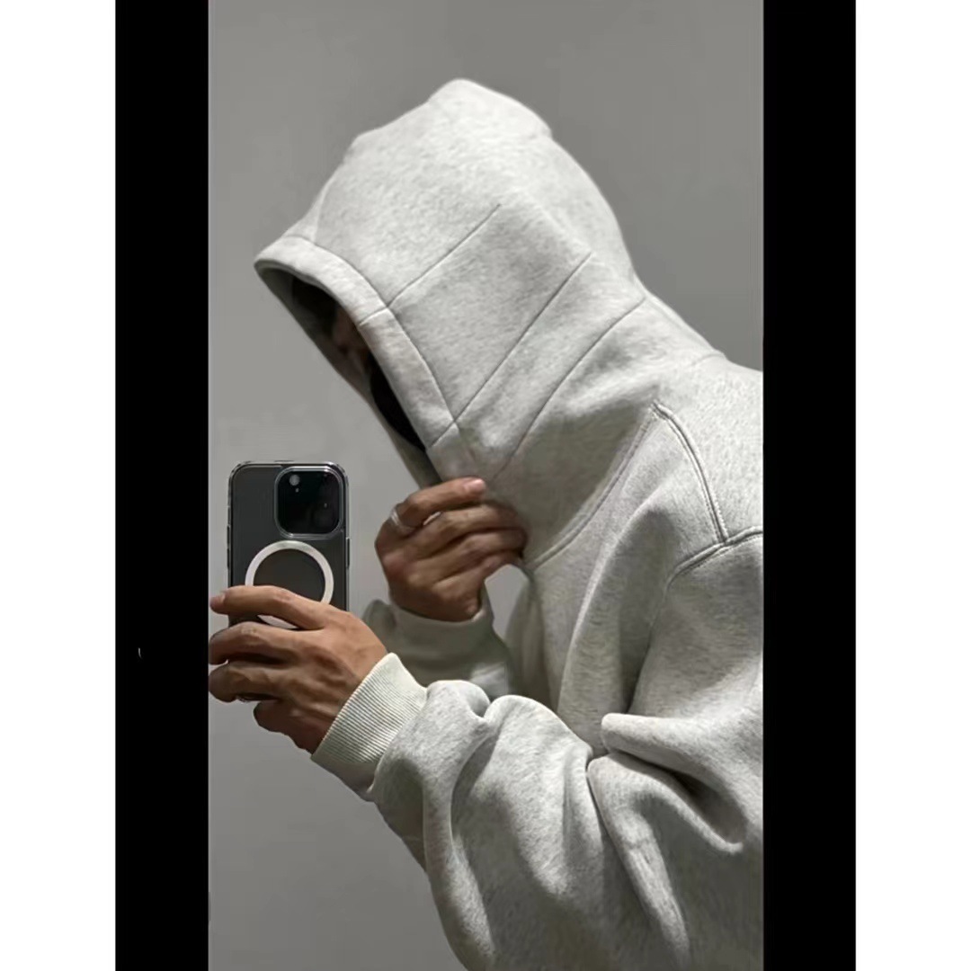 Auticup Spring American Casual Box Cut Hooded Sweatshirt Unisex Loose Solid Color Multi-purpose