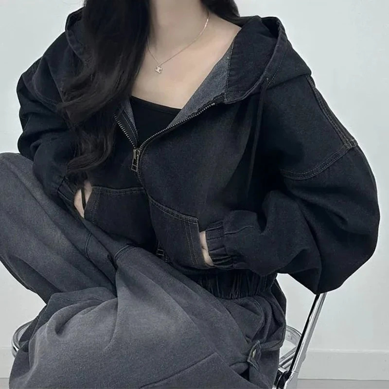 American Retro Street Style Womens Hooded Denim Jacket Spring Autumn Zipper Cardigan Short Coats 250729