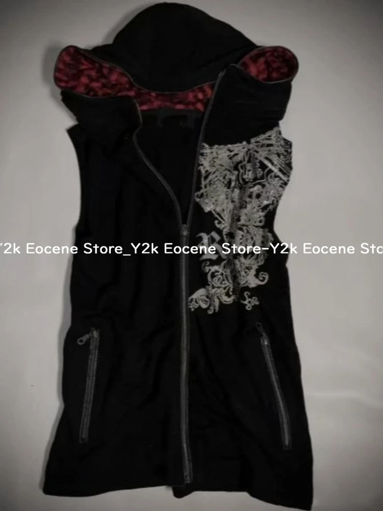 Dark Style Vintage Zipper Cardigan Tops Women Red Black Striped Hoodie Sleeveless Y2k Vest Aesthetic 90s Grunge Casual Clothing 250729