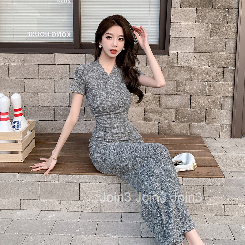 Summer New Elegant Cross V-neck Slim Short Sleeve T-shirt Top + Long Skirt Two-piece Set for Women