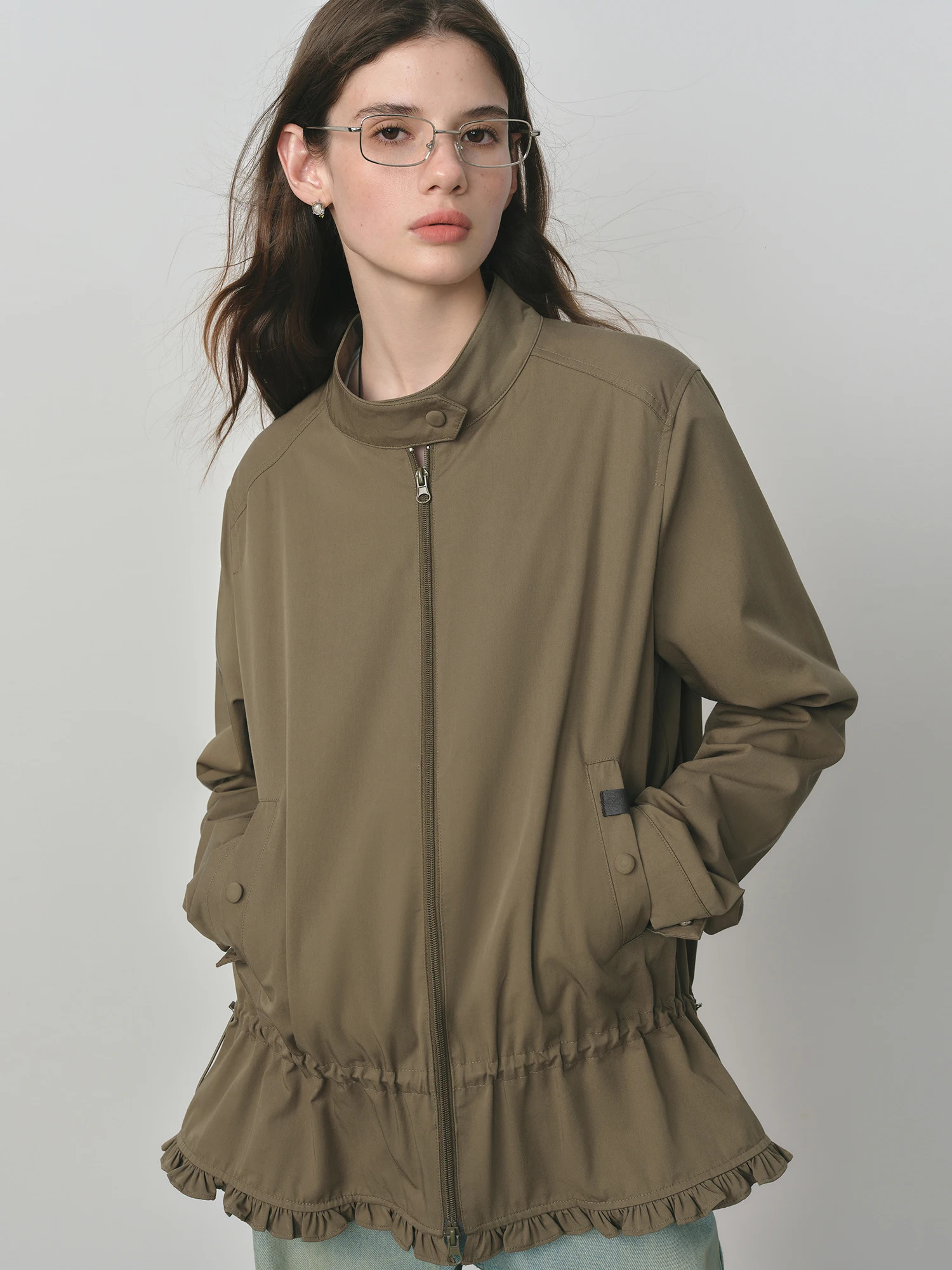 Women Straight Shoulder Stand Collar Jacket Autumn Korean Style Drawstring Sweet Flower Bud Coat 25FS13144 250729