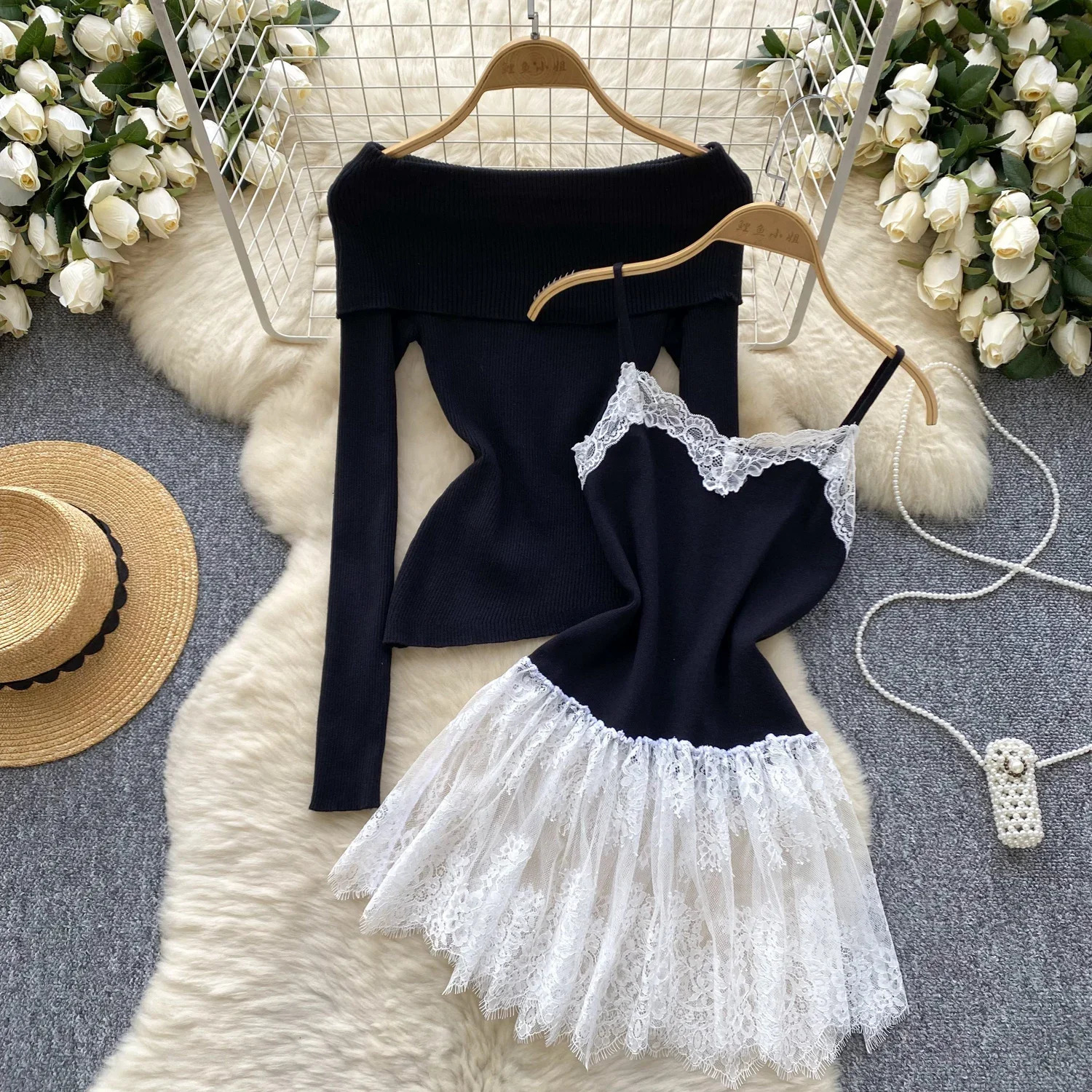 Chic vintage Knit Spliced lace dress Elegant Fairy Korean fashion autumn winter womens clothing Two Piece Set 250729