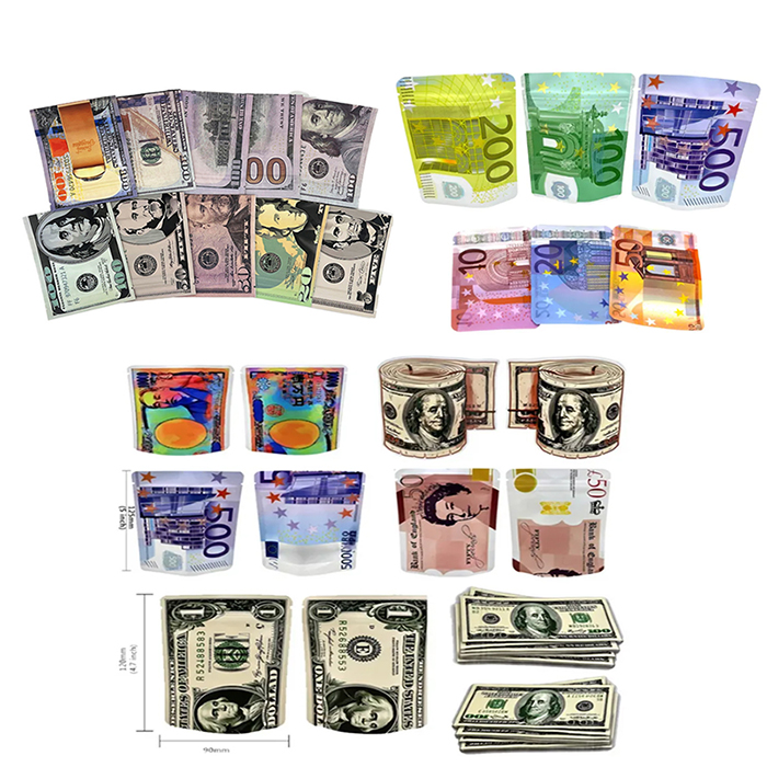 Euro Dollar Design Empty Packging Bags 1g 3.5g Money Shape Reusable Stand-up Pouch Aluminum Food Storage Smell Proof With Zipper Lock Plastic Mylar Bag Wholesale