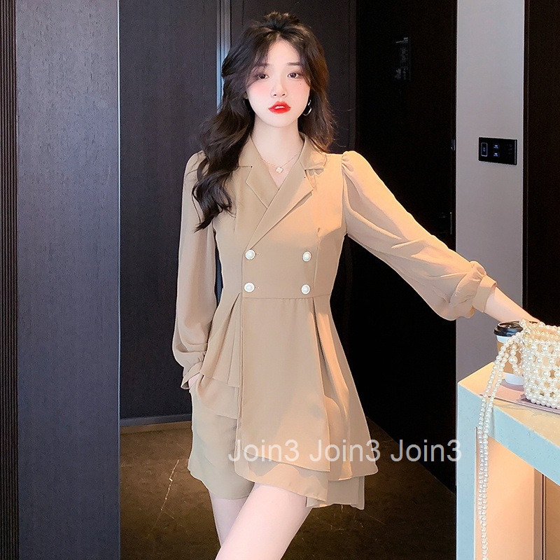 Autumn New Elegant Suit Patchwork Long Sleeve Dress Short Two-Piece Set Ruffled A-Line Short Skirt