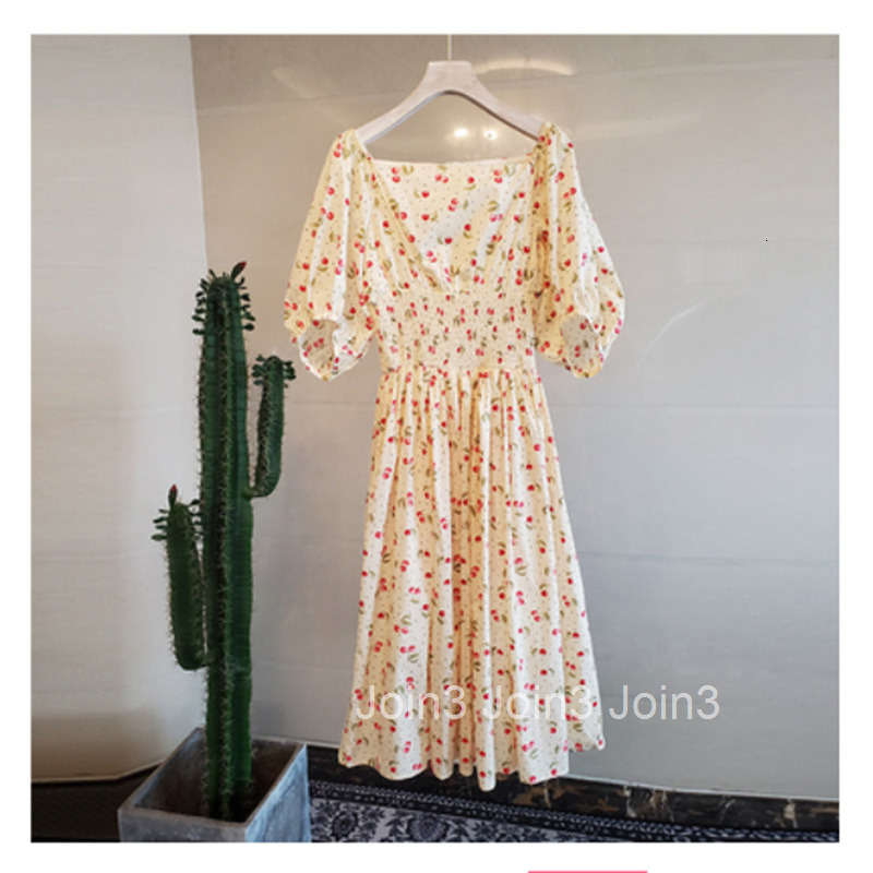 Printed Dress for Women Summer New Fashion Floral Skirt Cherry Waist Slimming Over-the-Knee Mid-Length Dress