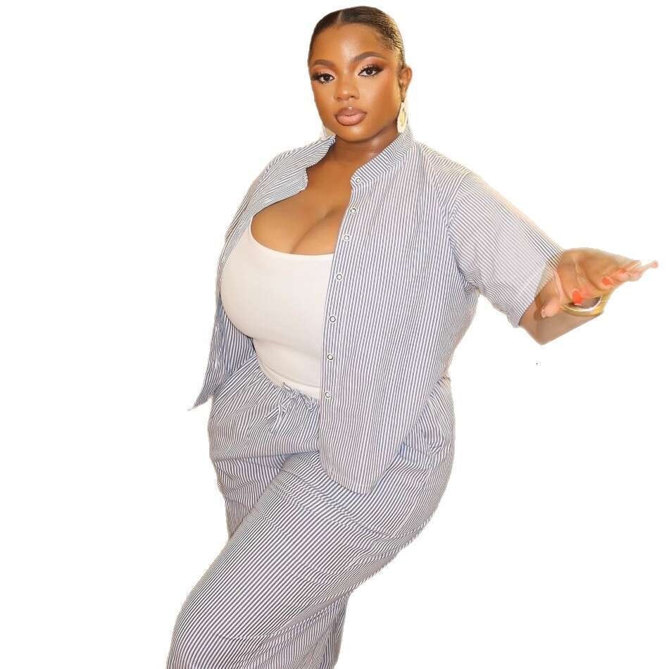 Fashion Casual Women's Striped Cardigan Short Sleeve Shirt Long Pants Stylish Two-Piece Set For Women B5