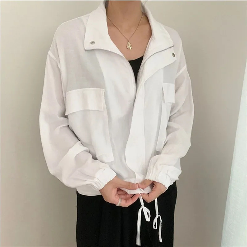 Cotton and Linen Womens Cargo Jacket with Pockets Stand Collar Spring Autumn Long Sleeve Casual Outerwear Coat 250729