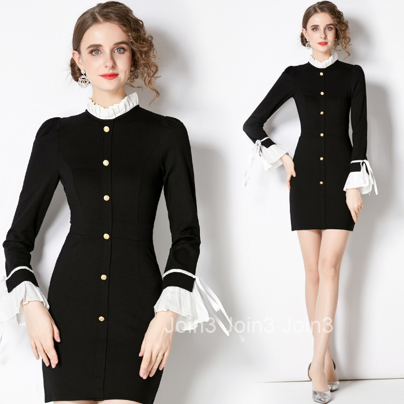 Spring and Autumn New Plus Size Womens Hepburn Style Elegant Slim Fit Flared Long Sleeve Dress Short Skirt