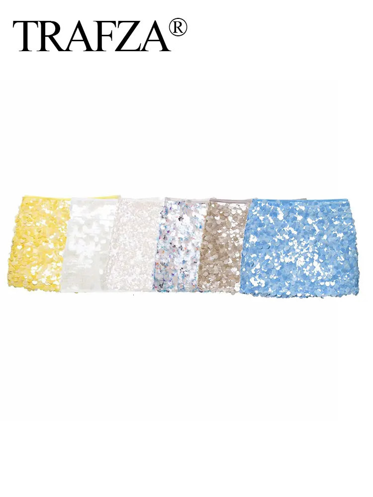 TRAFZA Sexy Woman Sequins Skirt High Waist Versatile Slim Mini Skirts Zipper Summer Beach Style Womens Y2K 250729