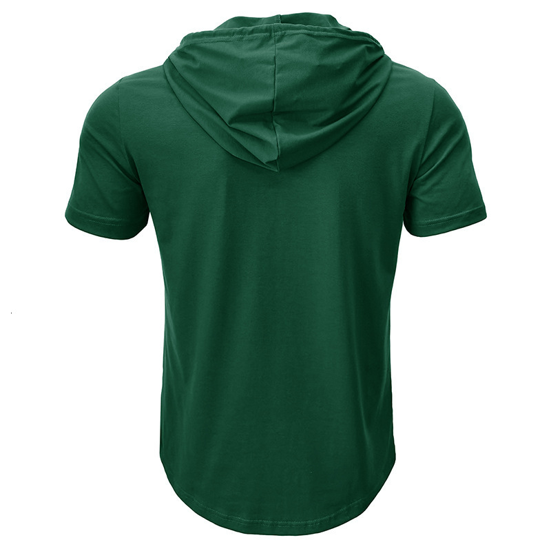 Mens Outdoor Sports Fitness Hooded Short Sleeve T-Shirt American Style Hooded Henley Shirt Mens Top