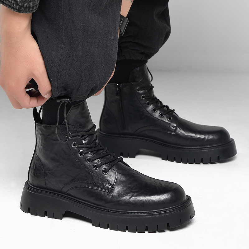 Martin Men New British Style Trendy Versatile Thick-Soled Casual Mid-Top Black Motorcycle Boots 6575-R