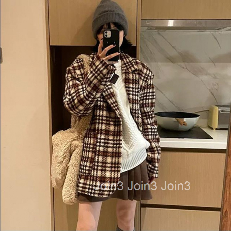 Winter New Melad Plaid Elegant Woolen Suit Coat Loose Mid-Length Long Sleeve Woolen Jacket for Women