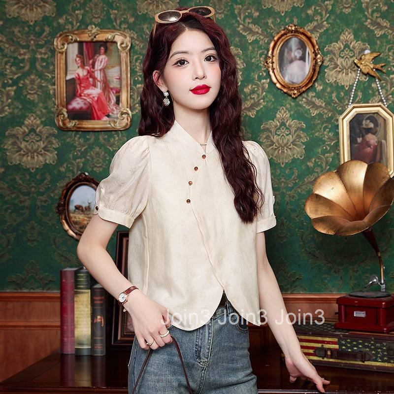 Summer New National Style Design Sense Elegant V-neck Short Sleeve Shirt Womens Blouse T-shirt with Pants