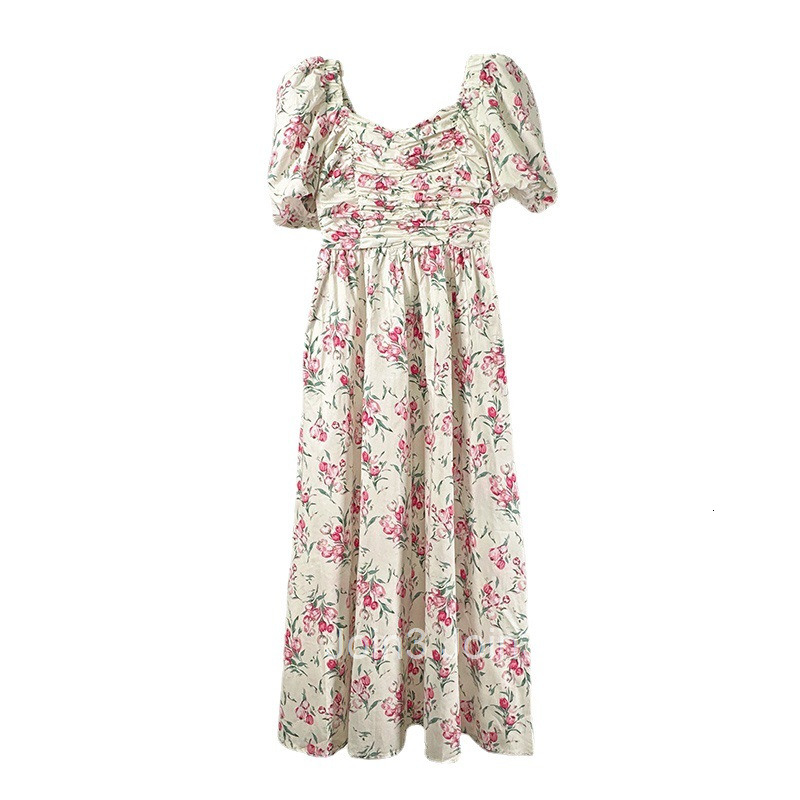 Summer Womens New French Fashion Waist-Cinching High-Waist Floral Dress Off-Shoulder Short Sleeve Mid-Length Dress
