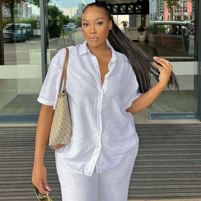 Women's Outfit Short Sleeve Turn-Down Collar Elegant Slimming Shirt Simple Wide-Leg Long Pants Two-Piece Set For Women B5