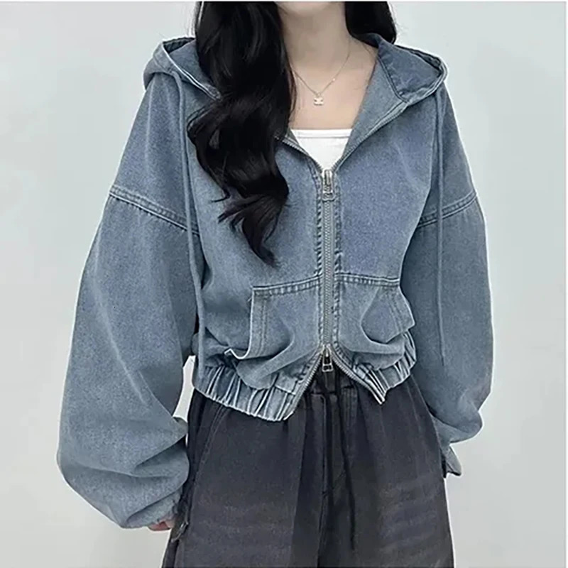 American Retro Street Style Womens Hooded Denim Jacket Spring Autumn Zipper Cardigan Short Coats 250729