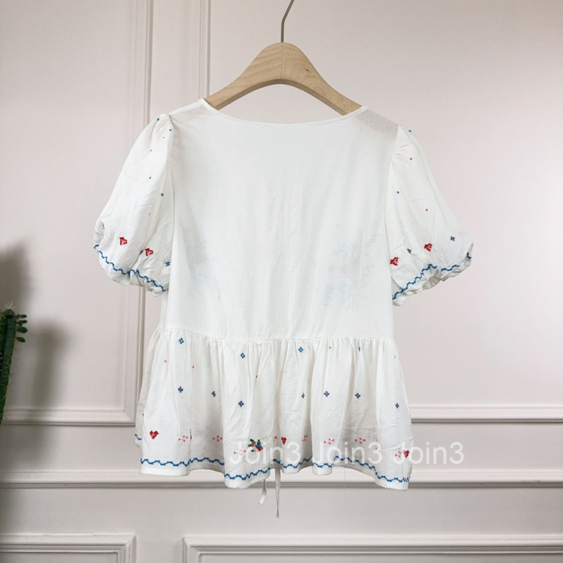 Summer New French Style Sweet Girl Cute Loose V-Neck Embroidered Tie Short Sleeve Top Womens Blouse Shirt