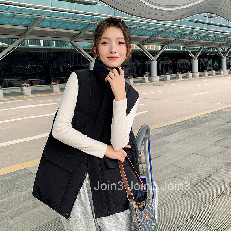 Autumn Winter New Korean and Japanese Style Plus Size Womens Down Cotton Vest with Large Pockets and Stand Collar Mid-Length