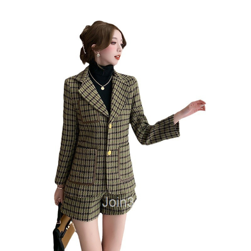 Winter Spring New French Style Elegant Plaid Long Sleeve Blazer Mid-Length Shorts Set for Women