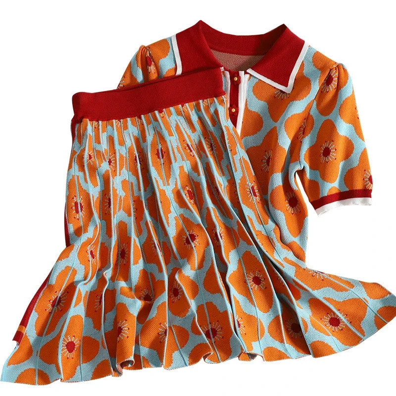 Summer 2 Piece Sets Womens Outfits Polo Neck Puff Sleeve Age Reducing Top High Waisted Pleated Skirt Women Knitted Suit 250729