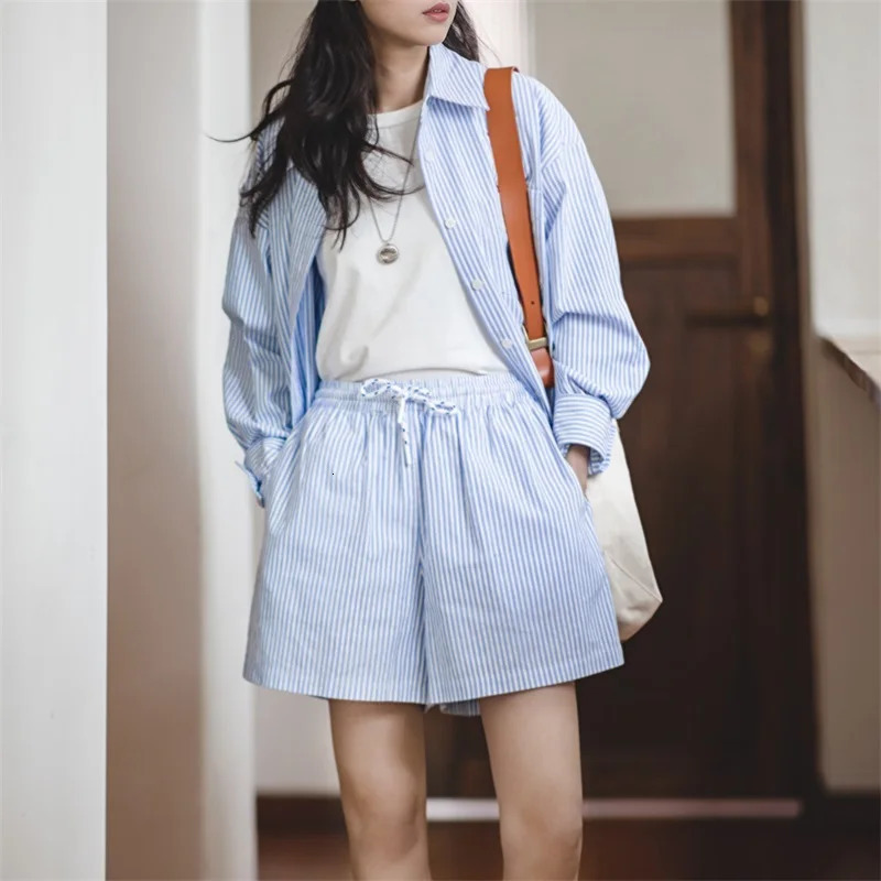100% Cotton Womens Blue White Striped Shirt and Shorts Sets Loose Casual French Classic Summer Suit Elegant Matching Two Piece Set 250729