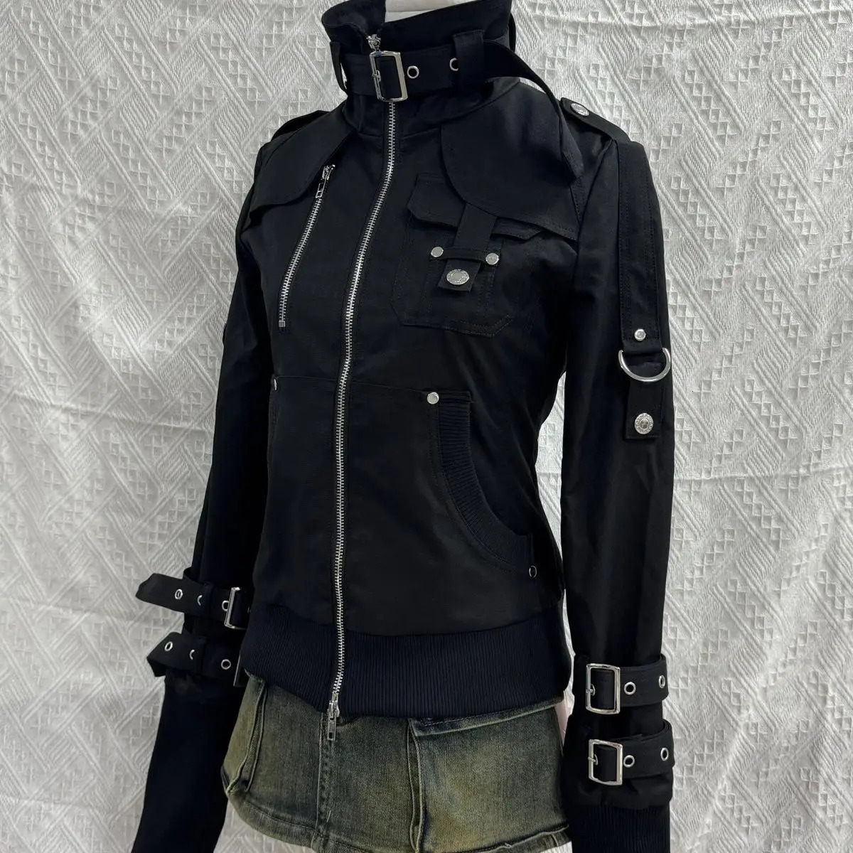 Techwear Style Hip Hop Punk Retro Moto Biker Jacket Outerwear Vintage Y2k Cargo Stand Collar Casual Black Outerwear 250729