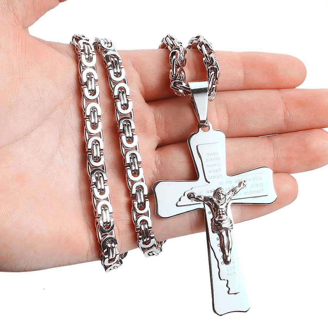Stainless Steel Cross Jesus Pendant Necklace for Men Women in Gold Silver Black Pendant Solid Snake Chain Necklace Hip-hop