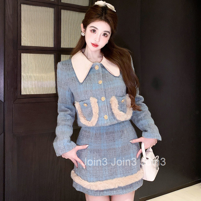 Winter New Fashion Small Fragrance Style Suit Quilted Elegant Turn-Down Collar Long Sleeve Jacket and Short Skirt Two-Piece Set