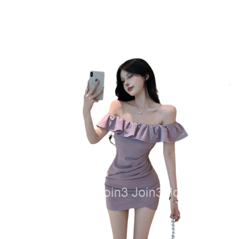 Summer New Ruffled Collar Slim Fit Bodycon Dress Off-Shoulder Two-Way Wear Slimming Short Dress
