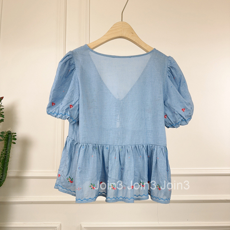Summer New French Style Sweet Girl Cute Loose V-Neck Embroidered Tie Short Sleeve Top Womens Blouse Shirt