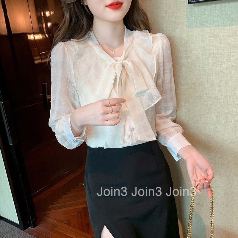 Spring and Autumn New Fashionable Sleeve Bow Collar Apricot Chiffon Blouse Womens Professional Shirt Womens Blouse