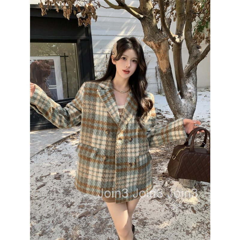 Winter New Elegant Fashion Casual Loose Cotton Plaid Long Sleeve Blazer Mid-Length Women