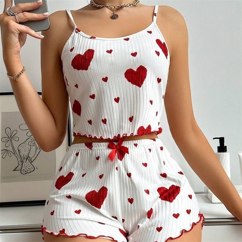 Womens 2PCS Heart Print Pajama Set Sleeveless Crop Top and Shorts Soft Comfy Sleepwear Loungewear for Summer Nightwear y250717