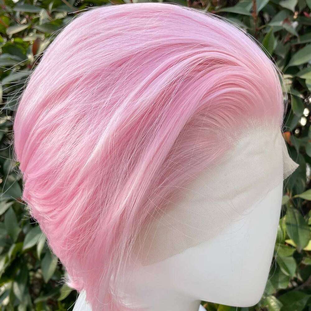 Light Pink Short Bob Cut Women Cosplay 13X4 Lace Front Human Wigs For Men Glueless Synthetic Hair Heat Resistant Free Part 150%