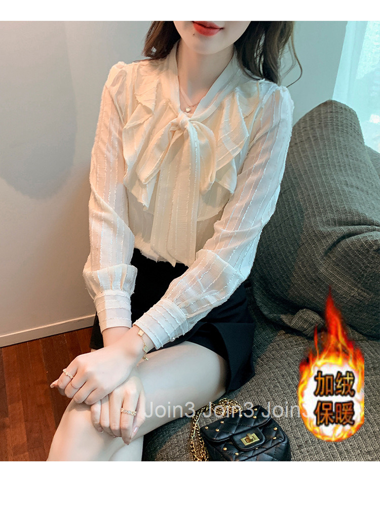 Autumn Winter Plus Size Women Bowknot Chiffon New Design Stylish Fleece Lined Long Sleeve Shirt Top Base Shirt