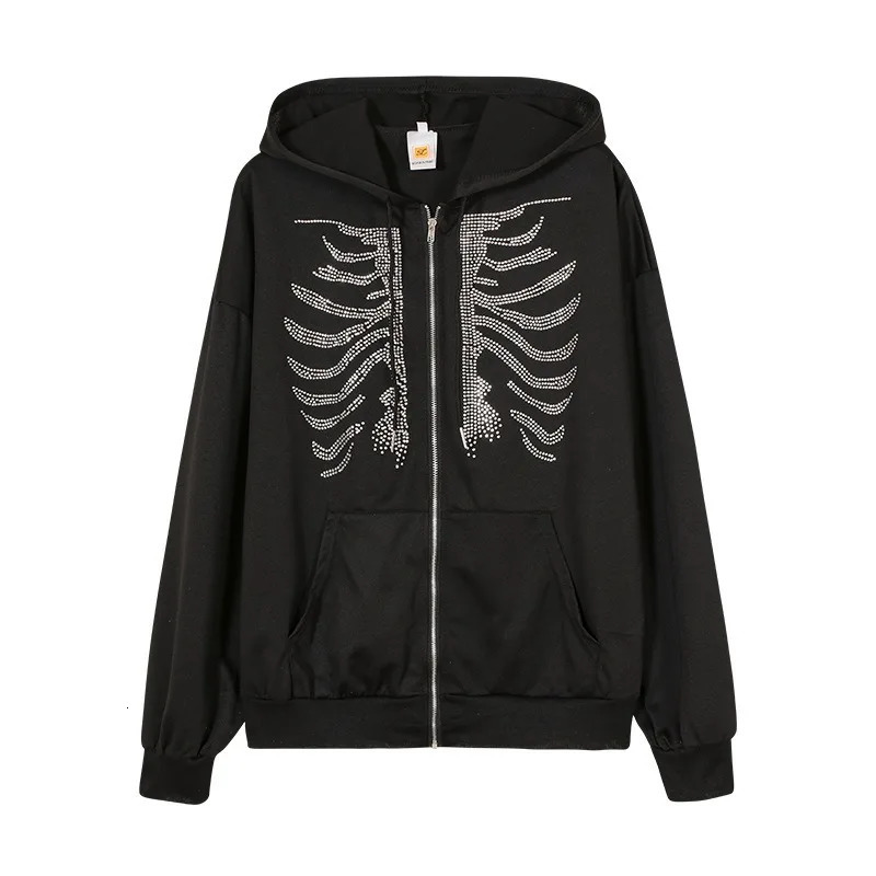 2K Rhinestone Skeleton Hoodies Women Gothic Black Zip Up Oversized Sweatshirts Female Retro Harajuku Hooded Jacket Streetwear 250729
