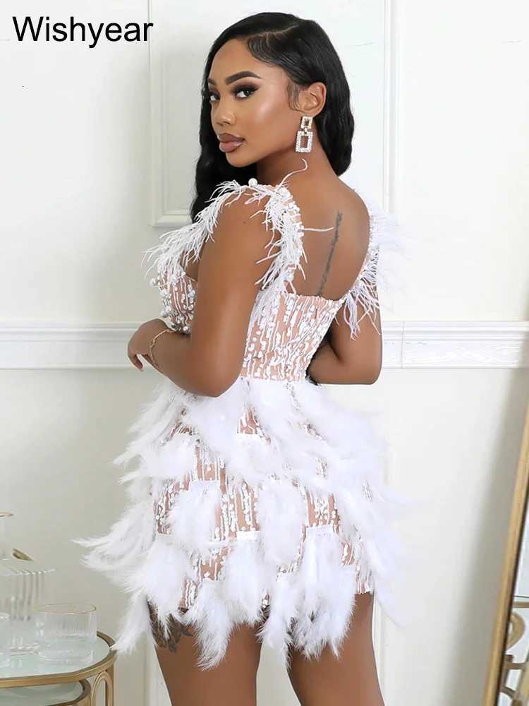 New Elegant Pearl Feather Strap Bodycon Midi Dress Sexy Night Club Party Wedding Guest Evening Women Birthday Clothing Z250728