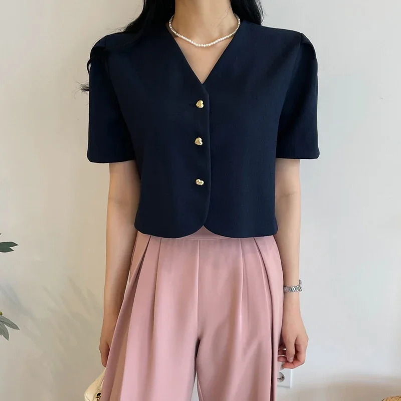 Summer Vneck Womens Short Jacket Elegant Single Breasted Sleeve Solid Korean Style Outerwear for Women w250729