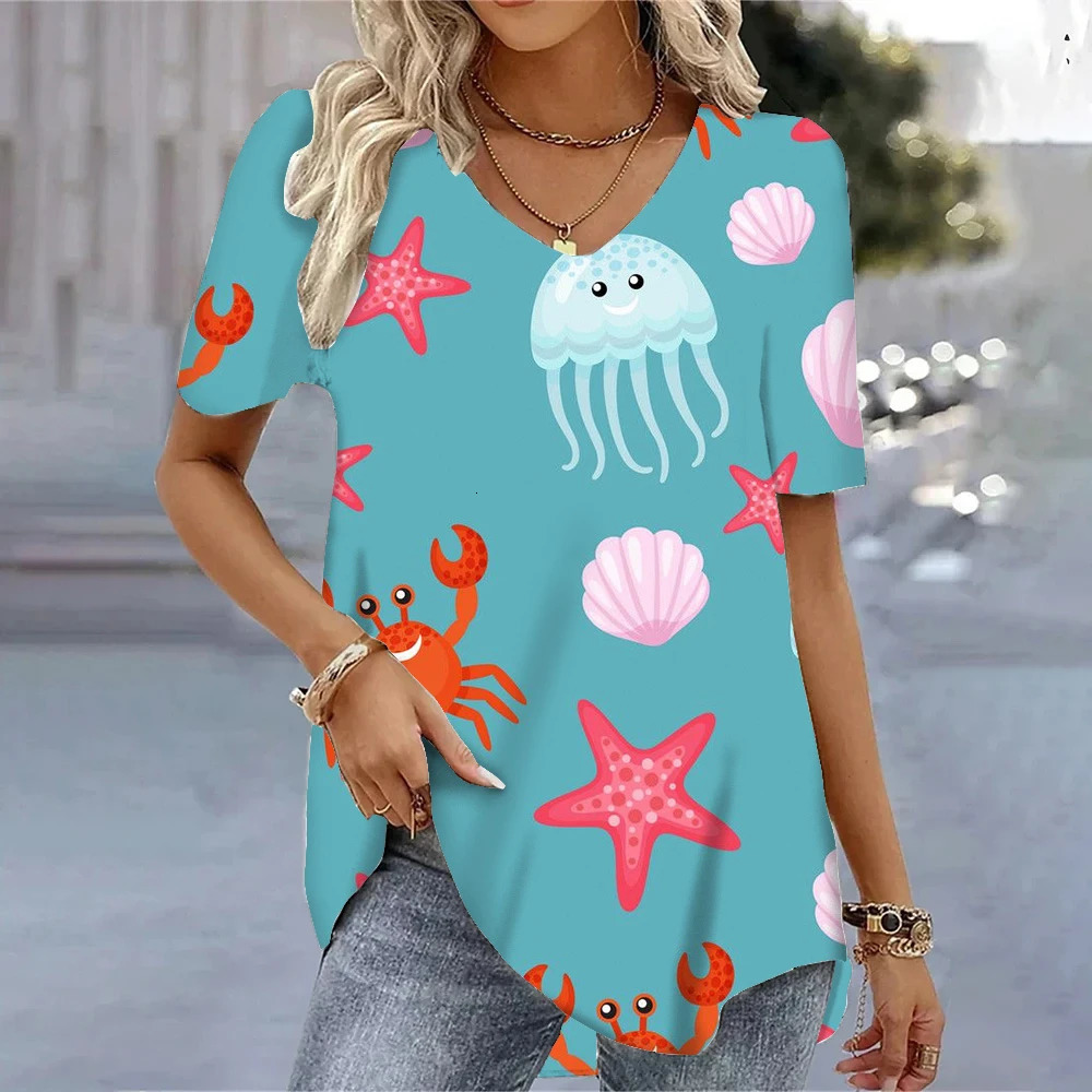 Fashion Cactus Sea Star 3D Printing Woman Clothing Korean Clothes Y2k Clothes Outdoor Oversized V-Neck Womens Shirt 250725