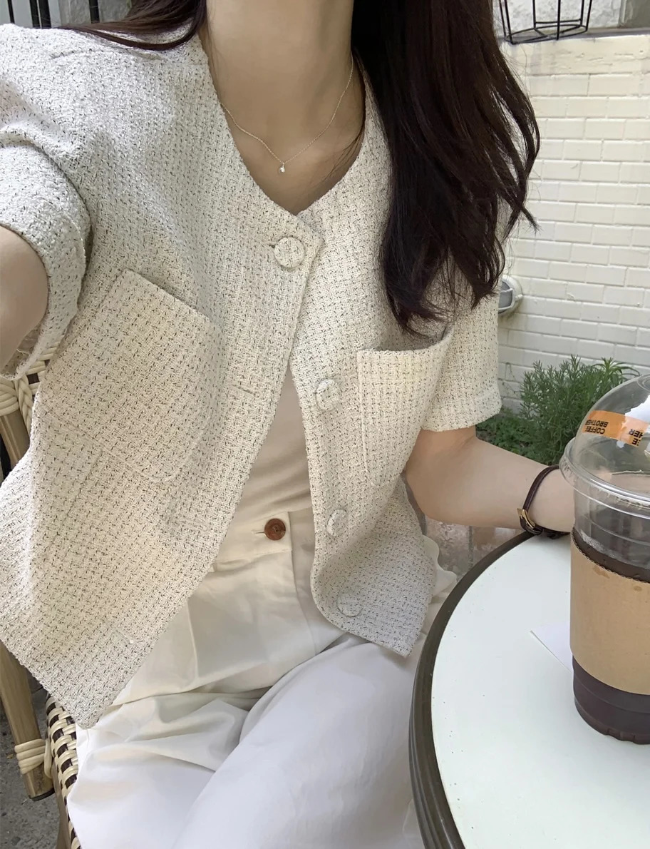 Korean Chic Summer Women Tops Short Sleeve Jacket Simple Casual O Neck Single Breasted Elegant Tweed Jackets Coats 250729